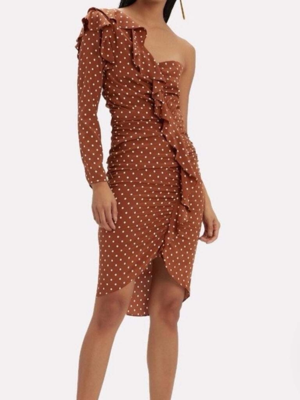 Veronica Beard Rust Polka Dot One-Shoulder Ruffle Dress